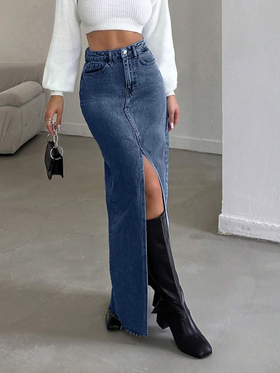 EURMUSE Women's Casual Denim Skirt With Pockets And Side Slit - Dusty Blue - View 1