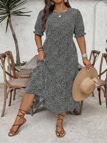 SHEIN CURVE+ 大码女式豹纹圆领短袖收腰A字层叠连衣裙，休闲西部海滩岛屿波西米亚风连衣裙 - 黑與白 - 查看 3