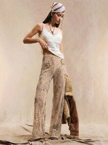 Easelle Celana Panjang Wanita Model Lurus Longgar dengan Motif Bohemian Berhiaskan Manik-Manik, Warna Aprikot, Musim Panas - Aprikot - View 2