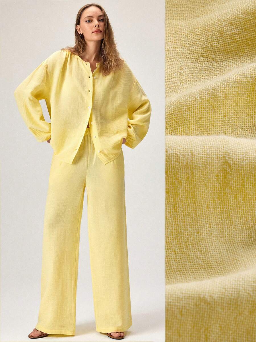 CasuGlow Butter Yellow Shirt & Wide-Leg Pants Set – Long Sleeve Button-Up Top, High-Waist Flowy Pants - Yellow - View 1