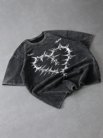 PAVTROS Men's Young Street Style Casual Cotton Short Sleeve T-Shirt, Round Neck Tee, Knit Top, Vintage Washed Fleece Fabric, Gothic, Street Style, Thorny Heart Graphic, Dark, Gothic, Street, Romantic, Suitable For Social Media Influencers, Musicians, Artists, Holiday Gift, Boyfriend Gift