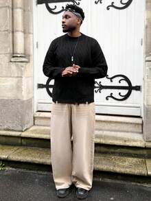 Heavens Edit ANDREILEE 男士宽松休闲街头风破洞流苏圆领长袖套头毛衣，春、秋、冬三季百搭针织衫 - 黑色 - 查看 6