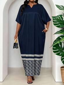 SHEIN Lady Plus Size Spring, Summer, Autumn And Winter Elegant Navy Blue  Braided Notch Robe Dress Plus Size Dress - Navy Blue - View 5