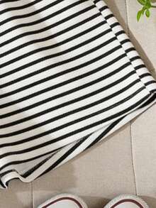 少女松紧腰条纹休闲短裤 - 黑色 - 查看 4
