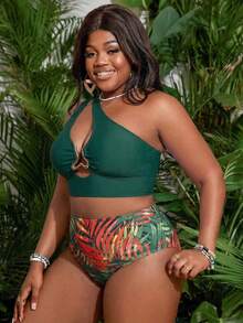 Slaydiva Plus Size Women's Swimwear Set, One-Shoulder Top With Musical Note Metal Decor & Printed Triangle Bottoms, Suitable For Beach, Pool, Yacht - Multicolor - View 5