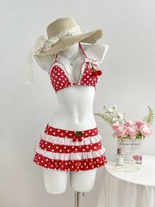 Flirla Sommer Casual Urlaub Damen Rot Polka Punkt Kirsche Dekor Sexy Süß Minimalistisch Sexy Mini Rock Shorts, geeignet für Strand, Urlaub, Lässig Party - Rot - Übersicht 8