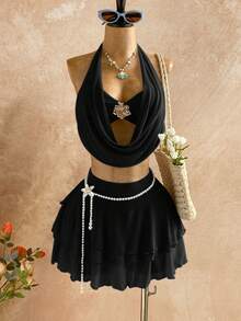 Soleia Women's Sunset Ombre Plunging Neckline Floral Metal Buckle Tie Blouse + Multi-Layer Ruffle Hem Mini Skirt 2-Piece Set, Casual Vacation Beach Cruise Holiday Outfit, Suitable For All Seasons, Music Festival, Boho Vacation - Black - View 10