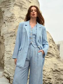MOTF PREMIUM ÁO KHOÁC NỮ DÁNG RỘNG, HỌA TIẾT GIẢ MẠO VẢI LINEN VÀ DENIM. - Màu xanh lam - Xem 4