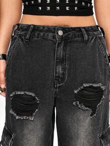 ROMWE Grunge Punk Women's Oversized Distressed Washed Denim Jeans - Black - View 6