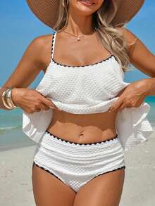 Swim Lushoire White Textured Fabric Swimwear Top With Double Ruffle Design And Matching Black Floral Trim Swimwear Bottom, Mature Beach/Pool Style Women's 2-Piece Swimwear Set - White - View 5