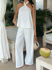 SHEIN EZwear 白色梭织女士休闲背心和裤子套装 - 白色 - 查看 5