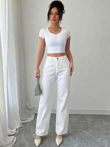 Cottnline Women's Loose Fit Straight Leg Jeans, Casual Versatile With Pockets - White - View 3