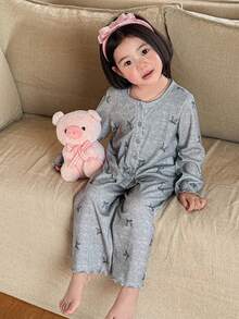 DAZY Young Girl Butterfly Print Button-Up Long Sleeve Top And Wide Leg Pants Pajama Set - Grey - View 3