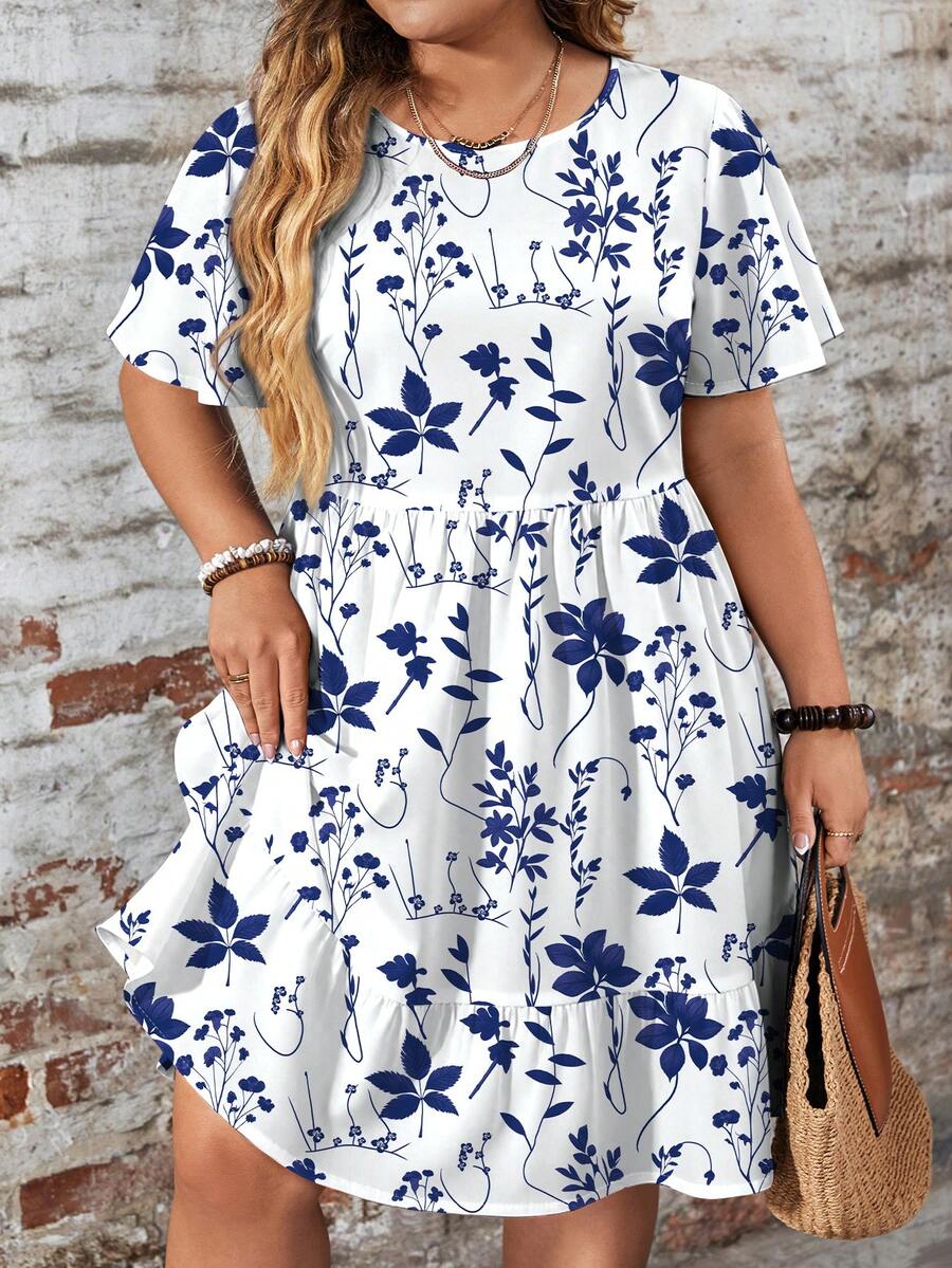 EMERY ROSE 休闲宽松圆领短袖大码连衣裙，适合秋冬季节、夏季、度假穿着，也可作休闲连衣裙。 - 彩色 - 查看 1