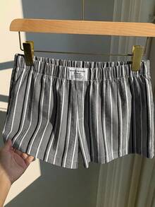 Comfortcana Quần short nữ kiểu dáng thường ngày, kẻ sọc, cạp chun, có chữ in nổi, thích hợp cho mùa hè. - Đen và trắng - Xem 7