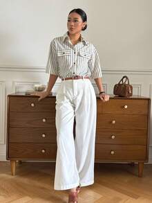 DAZY 女士休闲条纹衬衫，夏季 - 杏色 - 查看 8