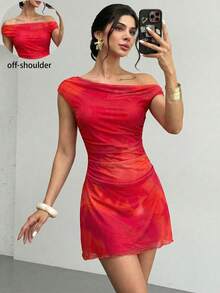 Firerie 女士碎花褶皱不对称肩部迷你连衣裙，网纱印花长款连衣裙，不对称肩部连衣裙，春夏服装，适合海滩、通勤、优雅、性感、度假、波西米亚风、夏威夷、音乐节、浪漫、约会、度假装扮、波西米亚风、春夏服装、优雅、通勤、约会、派对、婚礼季、毕业装扮、毕业舞会、工作装扮、返校装扮、女士生日装扮、节日装扮、音乐节、波西米亚风、连衣裙 - 彩色 - 查看 6