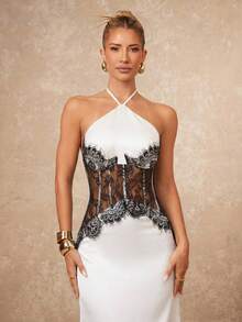 Lumalex 女士优雅性感撞色蕾丝拼接露背连衣裙 - 象牙白色 - 查看 10