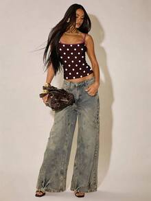 SHEIN BAE Áo hai dây ôm sát, kiểu dáng tối giản, phối màu nâu và hồng chấm bi, hở lưng gợi cảm, thích hợp cho mùa xuân/hè. - Nhiều màu - Xem 4