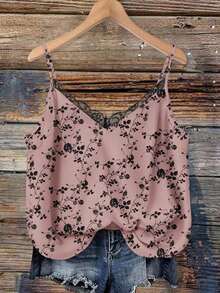 EMERY ROSE Plus Size Women Floral Print Contrast Lace Camisole - Orange - View 1