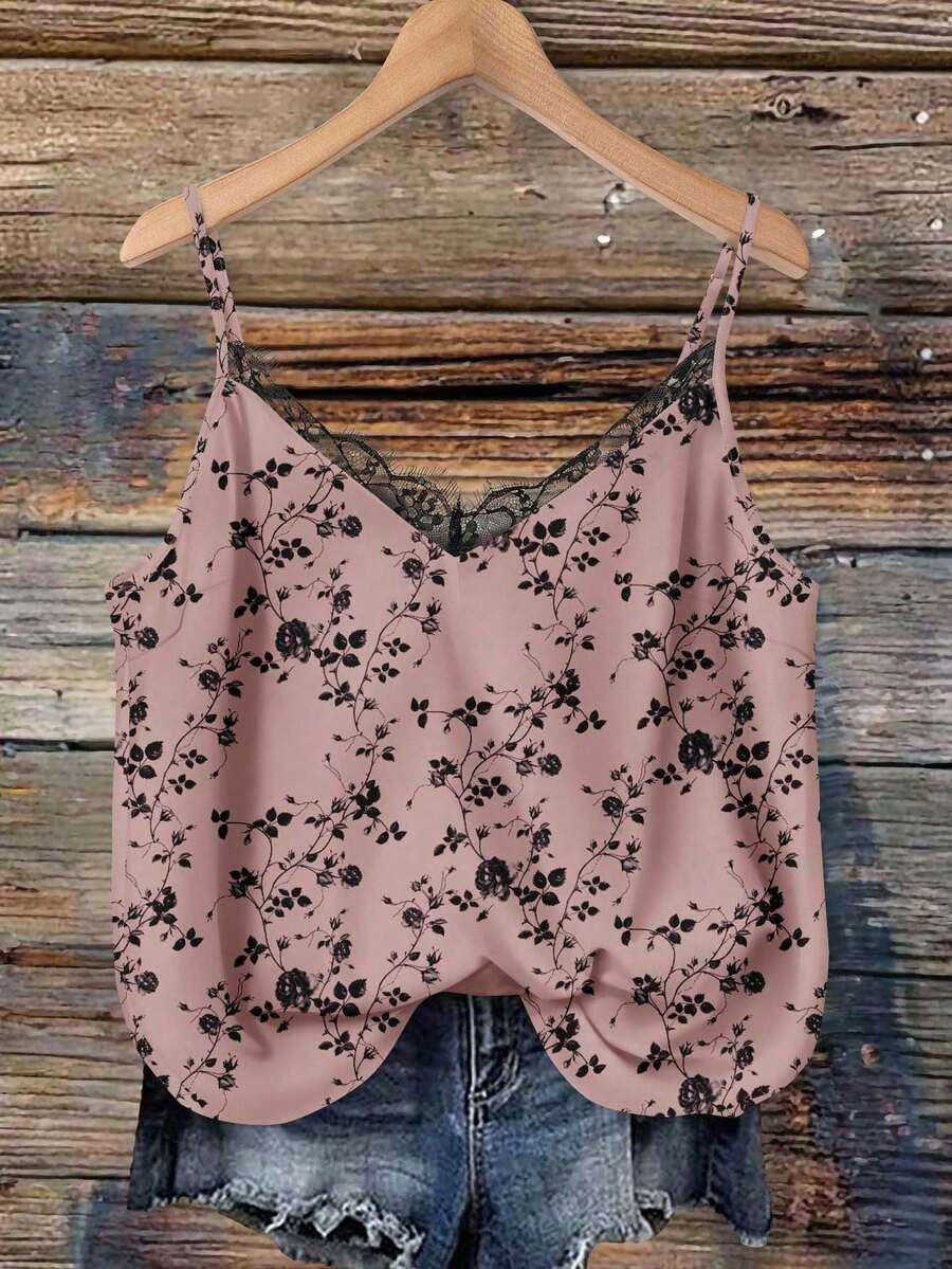EMERY ROSE Plus Size Women Floral Print Contrast Lace Camisole - Orange - View 1