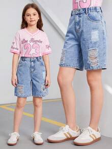 SHEIN 青少年女孩破洞牛仔短褲，新品上市，淺藍色紮染，休閒街頭復古風，舒適百搭牛仔短褲，適合日常休閒、度假穿著 Y2k 破洞牛仔短褲，夏季時尚，完美適合夏季度假和音樂節。 - 淺色水洗藍 - 查看 8