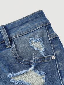 Sweetra 女士休闲牛仔裙，带口袋和破洞裙摆 - 深色水洗藍 - 查看 4