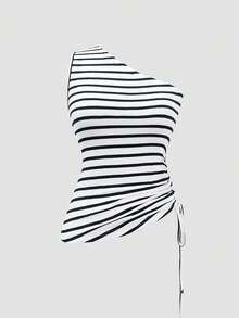 GlowEve Women's Striped Sleeveless Side Drawstring Casual Top - Black and White - View 4