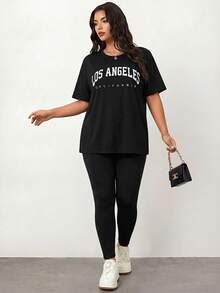 Enliva 2 pièces/set Ensemble t-shirt et legging imprimé lettre grande taille, tenues d'été pour femmes, ensemble deux pièces pour femmes, pour forme de corps en pomme et arrondie - Noir - Voir 2