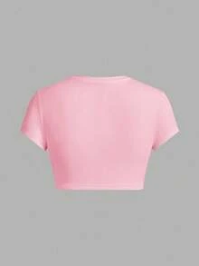 SHEIN EZwear 3件套休闲简约蝴蝶结樱桃印花紧身短款圆领短袖T恤，粉色/杏色/黑色，适合夏季 - 彩色 - 查看 4