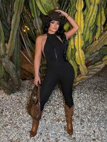 SHEIN SXY Black Sexy Backless Halter Neck Zipper Jumpsuit - Black - View 3