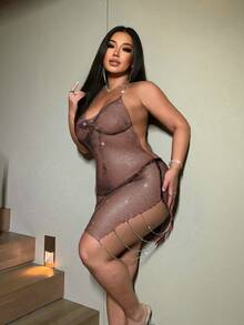 NU&NOW Valentine Sexy Beach Vacation Party Rhinestone Mesh Chain Decor Draped Neck Dress - Burgundy - View 6