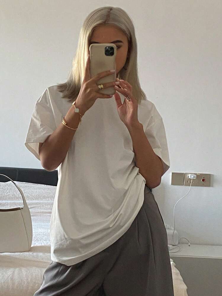 Tall Women's Loose Fit Casual White Short Sleeve T-Shirt, Street Style, Summer