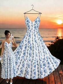 Elenzga Nuevo vestido casual elegante con cuello en V, cintura ceñida y estampado para mujeres - Azul y blanco - Ver 3