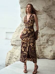 MOTF PREMIUM WOMEN'S V-NECK SLEEVELESS SLIT HEM LINEN PRINTED SLIM DRESS, SPRING/SUMMER - Coffee Brown - View 2