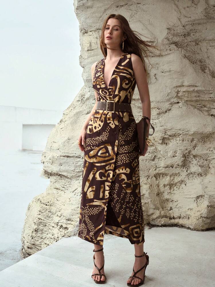 WOMEN'S V-NECK SLEEVELESS SLIT HEM LINEN PRINTED SLIM DRESS, SPRING/SUMMER
