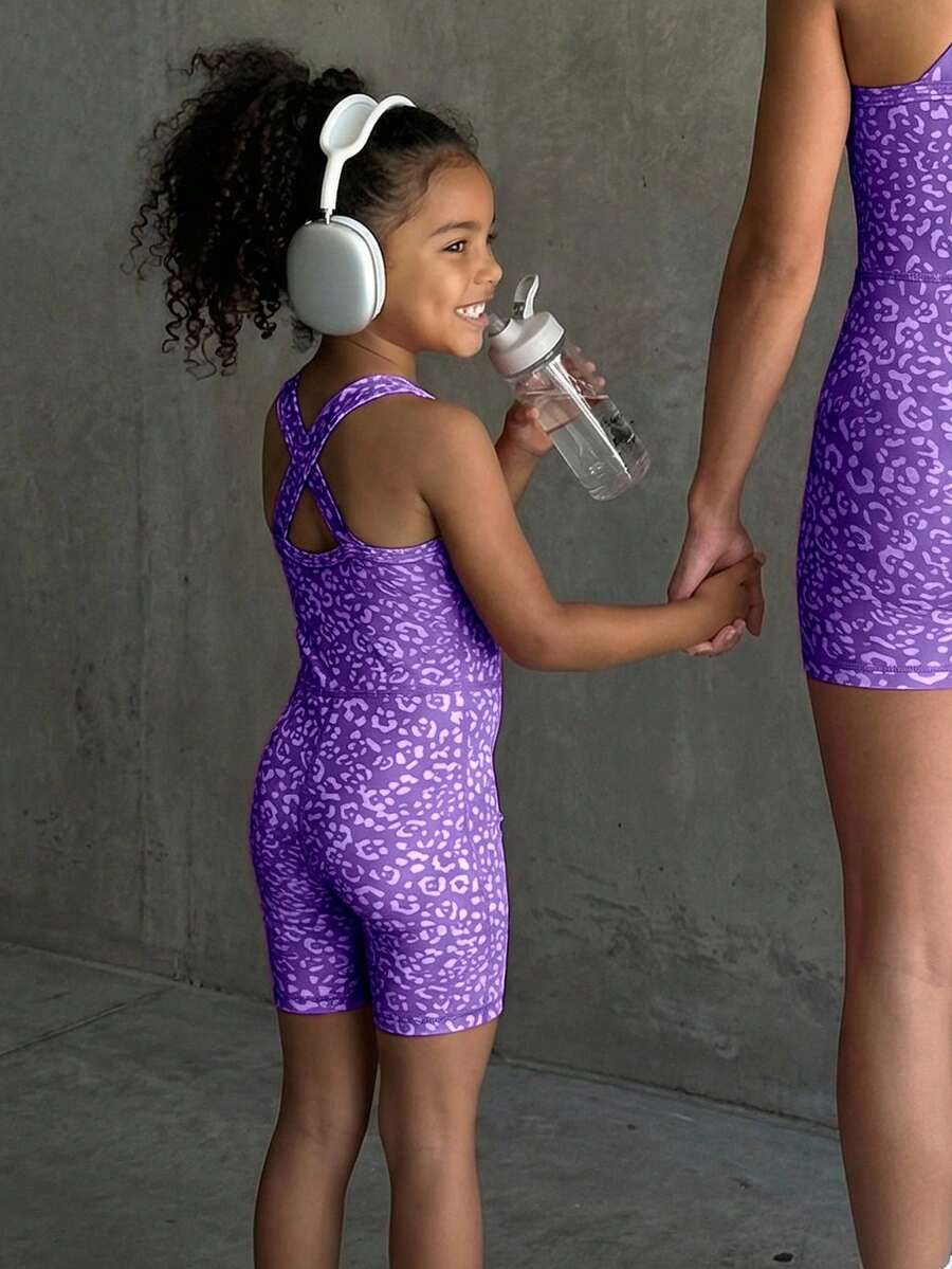 SHEIN This Purple Leopard Print Jumpsuit Is Made From Soft, Stretchy Fabric For Comfortable Movement. Perfect For Playtime And Casual Outings, Its Playful Pattern Adds A Fun Touch To Everyday Wear. - Lilac Purple - View 1