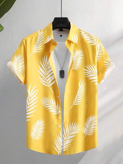 Chillumni 男士休闲度假棕榈树印花宽松黄色短袖衬衫