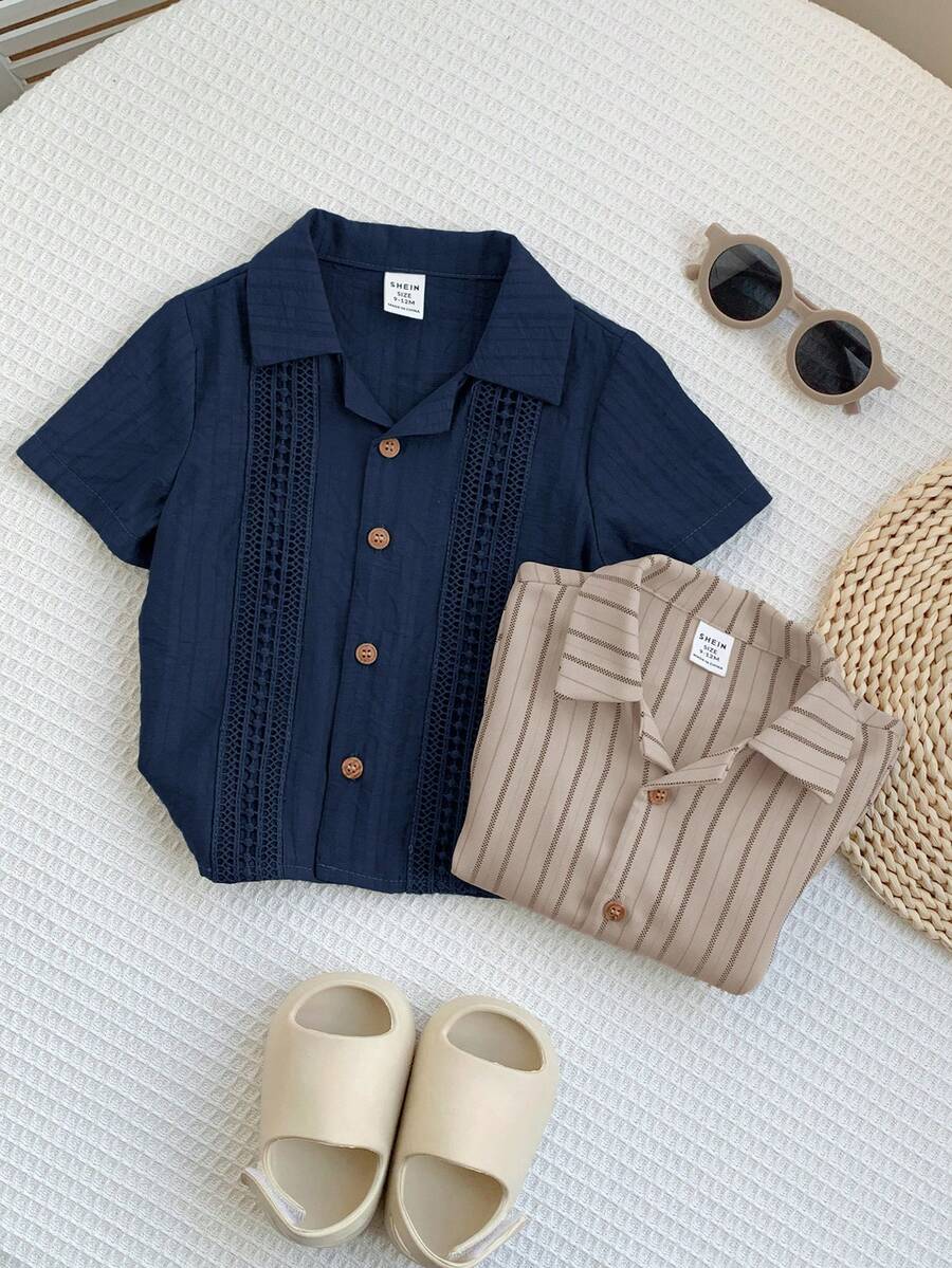 SHEIN 2件套男女宝宝休闲度假梭织短袖衬衫,春夏宝宝服装,短袖上衣 - 彩色 - 查看 1