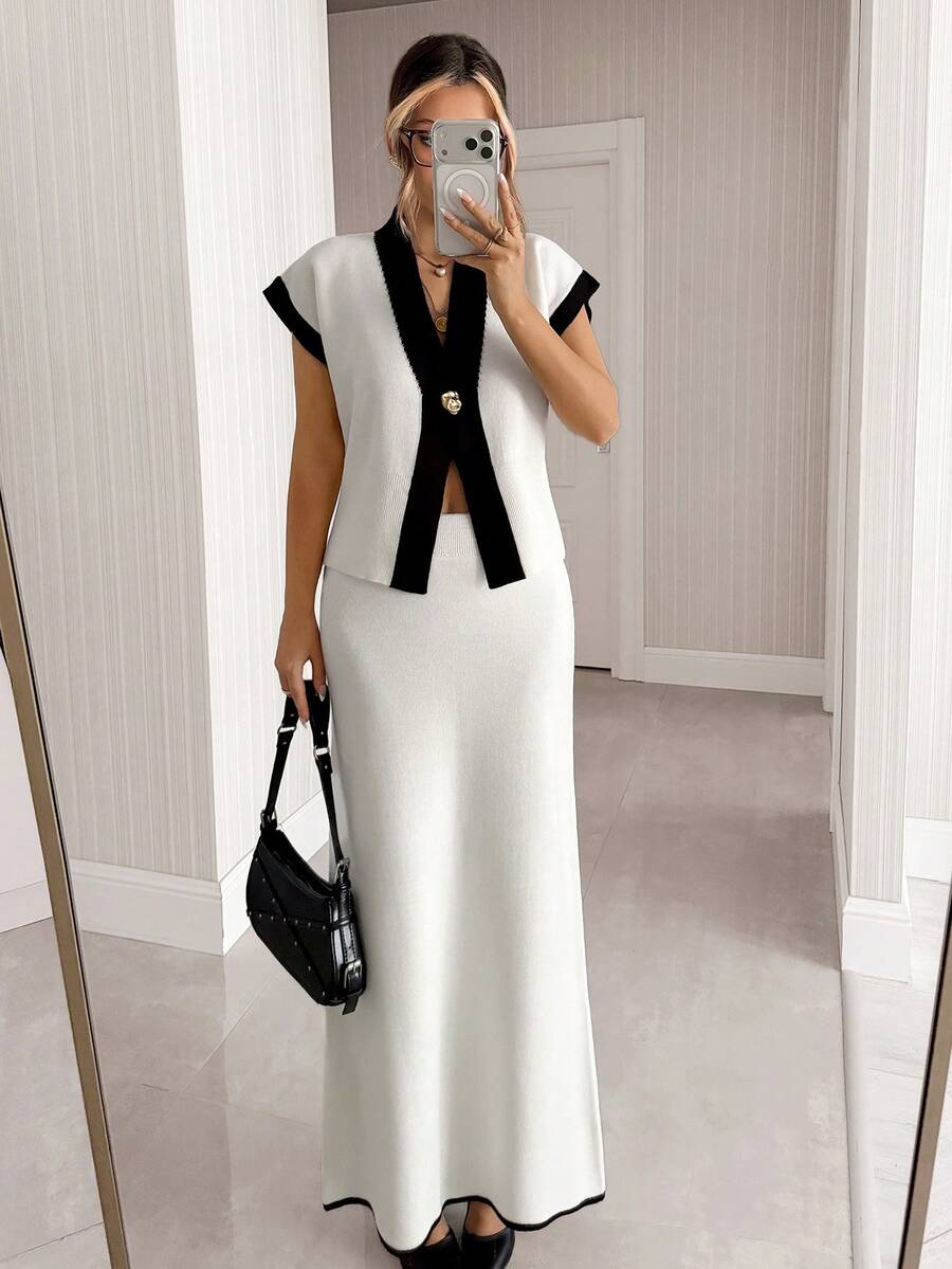 SHEIN Elegant Knit Two Pieces Set Women Sleeveless Cardigan Top And Ribbed Flared Maxi Skirt Contrast Trim Chic Spring Outfit - Black and White - View 1