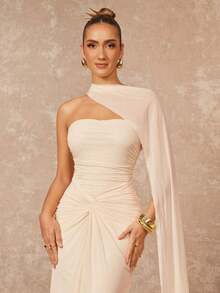 Lumalex VITNOS 秋冬新款高端优雅奶油黄简约时尚露背（可拆卸亮片）胸前荷叶边下摆网纱透明鱼尾连衣裙，适合约会、度假、派对、婚礼、伴娘活动、晚礼服 - 杏色 - 查看 4