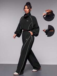 Exploreva Women Contrast Trim Drawstring Hem Jacket With Long Pants Activewear Set Tracksuits Set - Black - View 4