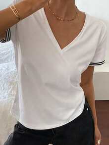Livesso Women's Casual Loose Striped Print V-Neck Short Sleeve T-Shirt - White - View 2