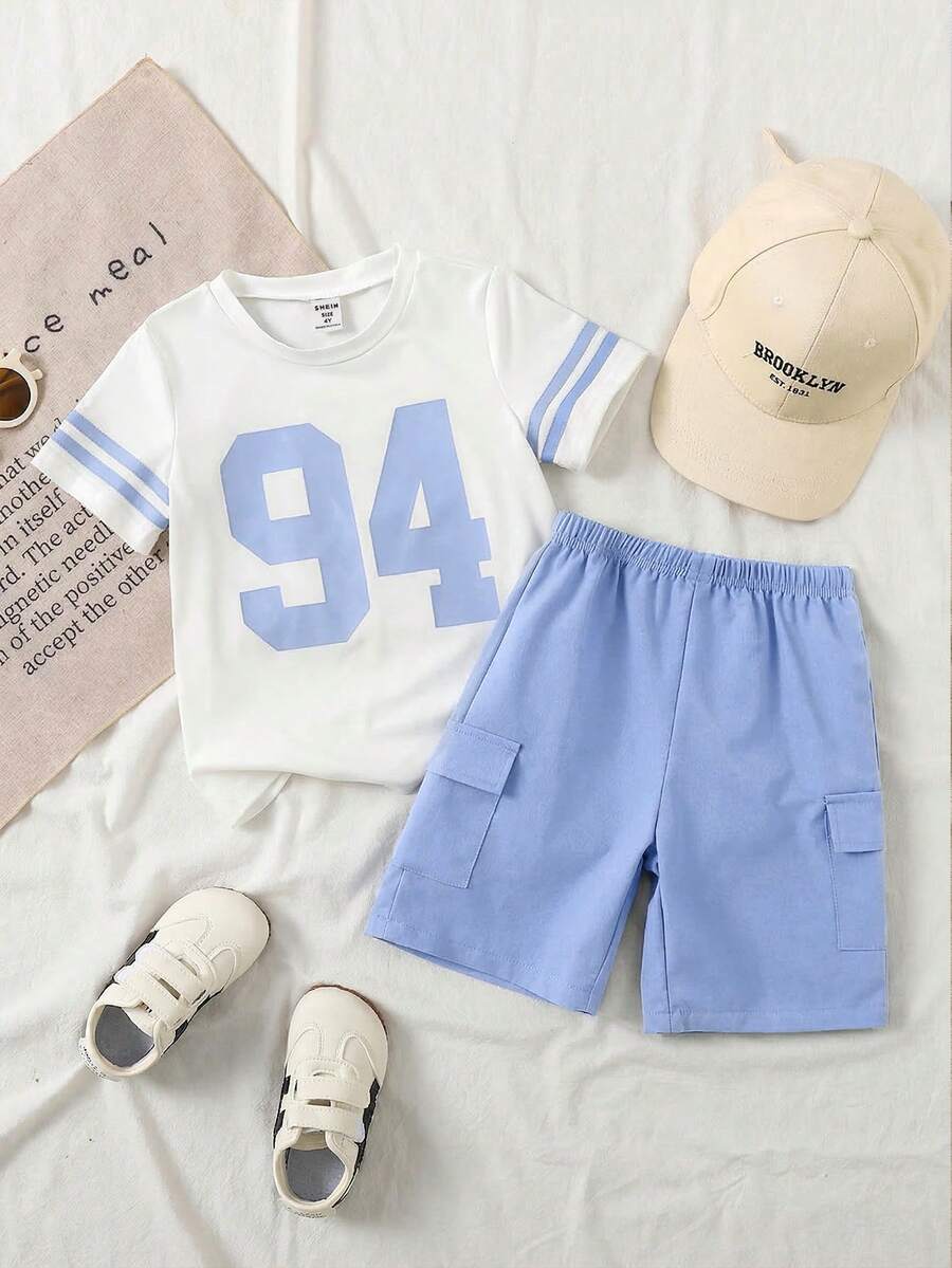SHEIN Streecool Kids 2pcs/Set Toddler Boys' Letter 94 Print T-Shirt And Khaki Cargo Shorts, Vintage Casual Outfit Boy Summer Outfits - Baby Blue - View 1