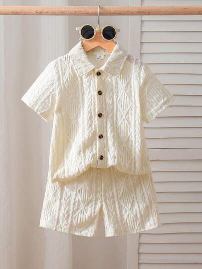 SHEIN 男童条纹针织衫短裤两件套，适合夏季休闲、旅行和度假穿着
