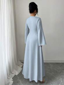 Yasmyna 女士梭织纯色拼接领长袖系腰阿拉伯风格连衣裙 - 藍色 - 查看 2