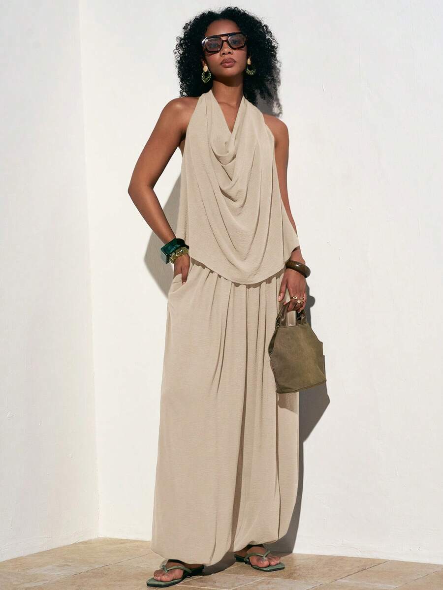 Zivah Áo hai dây màu trơn và quần ống loe xếp ly dành cho nữ - Trang phục thường ngày thoải mái. - Màu be - Xem 1