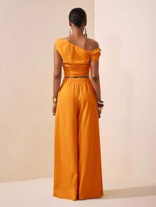 Zivah 2025 Spring/Summer New Music Festival, Easter, St. Patrick's Day, Western, Nomadic, Birthday Party, Graduation, College Style, Student Wear, Daily Casual, All-Match Versatile, Leisure, Cruise Travel, Beach, Sunbathing, Viral , Streetwear, Wedding Guest Boho, Commute, Brunch, Airport Outfit Apricot Asymmetric Shoulder Ruched Curved Hem Cropped Top And Wide Leg Pants Pocketed 2-Piece Textured Fabric Set - Orange - View 2