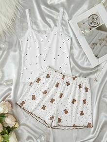 SHEIN Tween Girl Black And White Polka Dot Teddy Bear Pajamas,Summer Cute Floral Ribbon Bow Camisole & Shorts 2pcs Comfy Home Wear Sleep Loungewear Pj Set - Multicolor - View 2