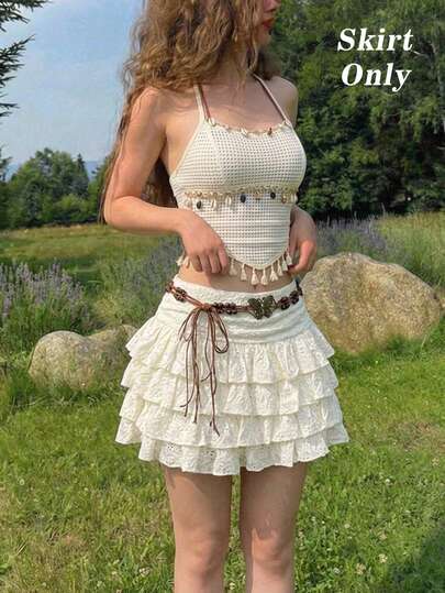 SHEIN MOD 女士纯色荷叶边下摆优雅多层刺绣激光切割半身裙，夏季